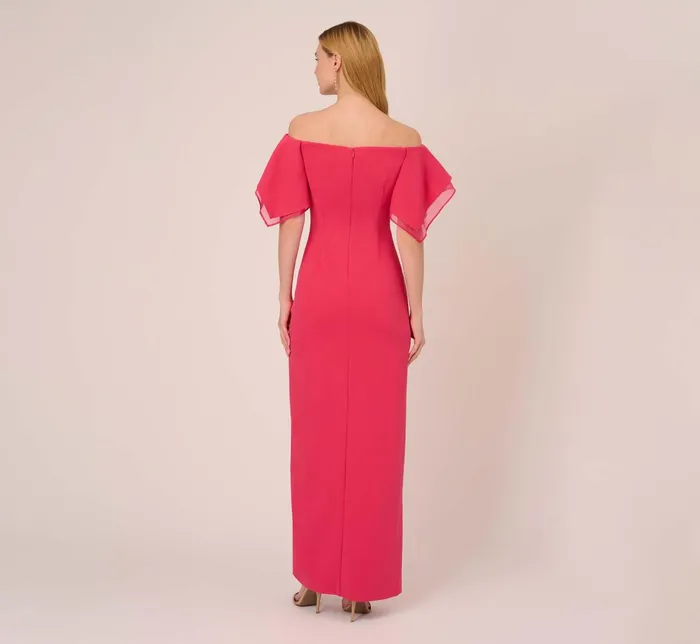 Adrianna Papell Knit Crepe And Organza Off The Shoulder Long Column Gown With Tiered Sleeves In Pink Lotus Pink Lotus Women Long Dresses Adrianna Papell Knit Crepe And Organza Off The Shoulder Long Column Gown With Tiered Sleeves In Pink Lotus Pink Lotus Women Long Dresses