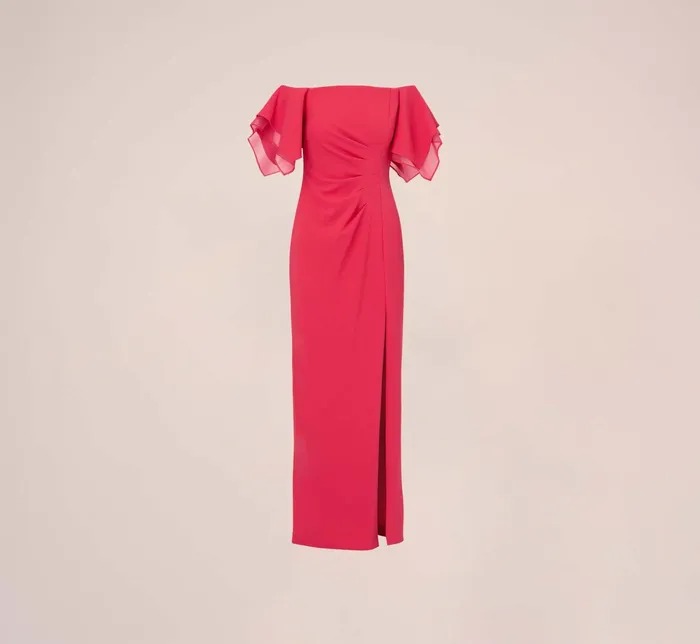 Adrianna Papell Knit Crepe And Organza Off The Shoulder Long Column Gown With Tiered Sleeves In Pink Lotus Pink Lotus Women Long Dresses Adrianna Papell Knit Crepe And Organza Off The Shoulder Long Column Gown With Tiered Sleeves In Pink Lotus Pink Lotus Women Long Dresses