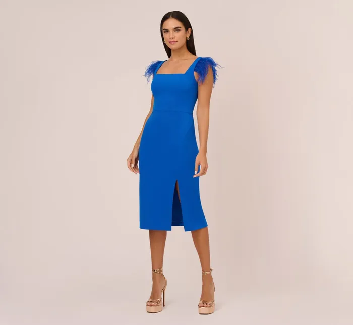 Adrianna Papell Knit Crepe Midi Dress With Feather Shoulder Accents In Dark Cobalt Dark Cobalt Women Midi Dresses Adrianna Papell Knit Crepe Midi Dress With Feather Shoulder Accents In Dark Cobalt Dark Cobalt Women Midi Dresses