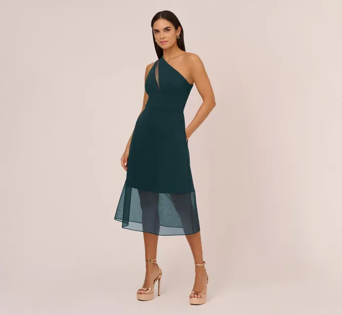 Adrianna Papell Knit Crepe One Shoulder Dress With Sheer Cutout And Skirt In Forest Forest Women Midi Dresses Adrianna Papell Knit Crepe One Shoulder Dress With Sheer Cutout And Skirt In Forest Forest Women Midi Dresses
