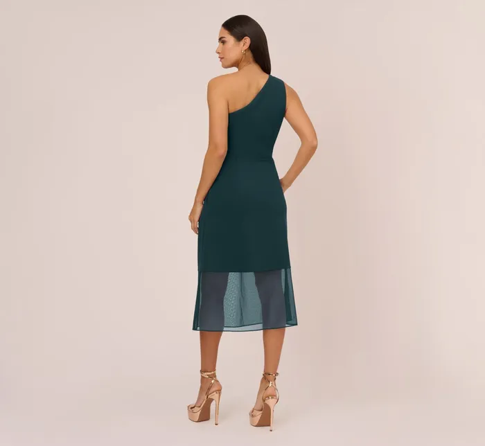 Adrianna Papell Knit Crepe One Shoulder Dress With Sheer Cutout And Skirt In Forest Forest Women Midi Dresses Adrianna Papell Knit Crepe One Shoulder Dress With Sheer Cutout And Skirt In Forest Forest Women Midi Dresses