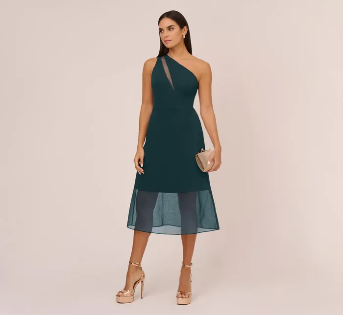 Adrianna Papell Knit Crepe One Shoulder Dress With Sheer Cutout And Skirt In Forest Forest Women Midi Dresses Adrianna Papell Knit Crepe One Shoulder Dress With Sheer Cutout And Skirt In Forest Forest Women Midi Dresses