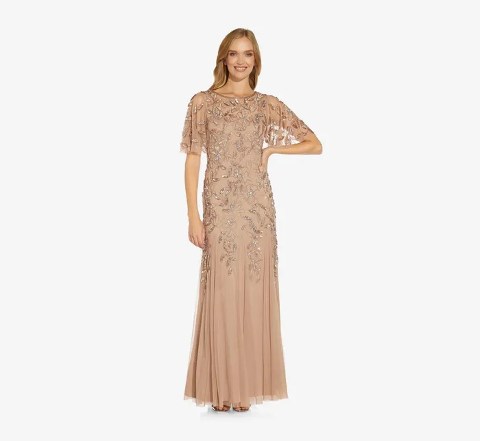 Adrianna Papell Long Floral Beaded Gown With Flutter Sleeves In Rose Gold Rose Gold Women Floral Dresses Adrianna Papell Long Floral Beaded Gown With Flutter Sleeves In Rose Gold Rose Gold Women Floral Dresses