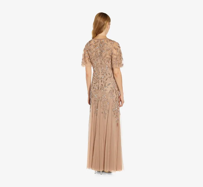 Adrianna Papell Long Floral Beaded Gown With Flutter Sleeves In Rose Gold Rose Gold Women Floral Dresses Adrianna Papell Long Floral Beaded Gown With Flutter Sleeves In Rose Gold Rose Gold Women Floral Dresses
