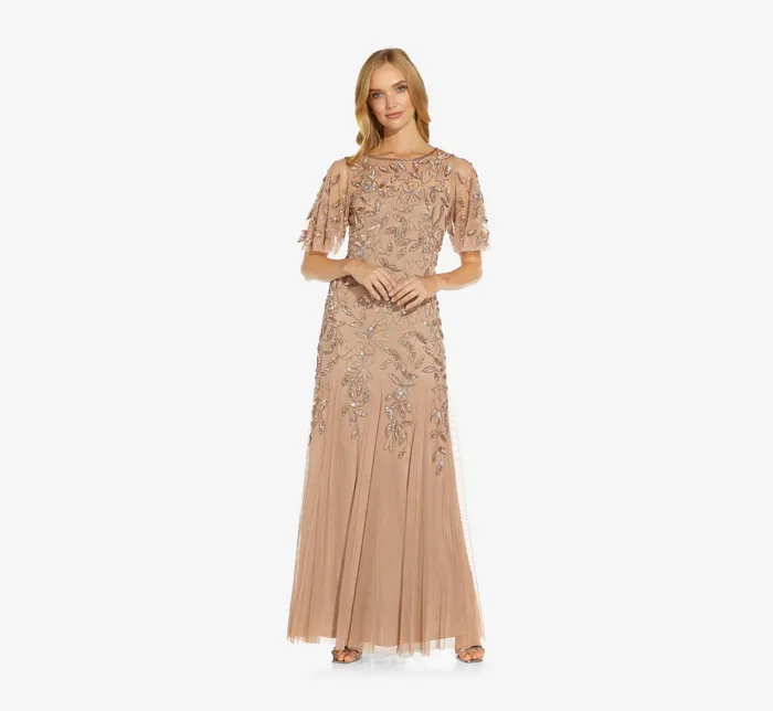 Adrianna Papell Long Floral Beaded Gown With Flutter Sleeves In Rose Gold Rose Gold Women Floral Dresses Adrianna Papell Long Floral Beaded Gown With Flutter Sleeves In Rose Gold Rose Gold Women Floral Dresses