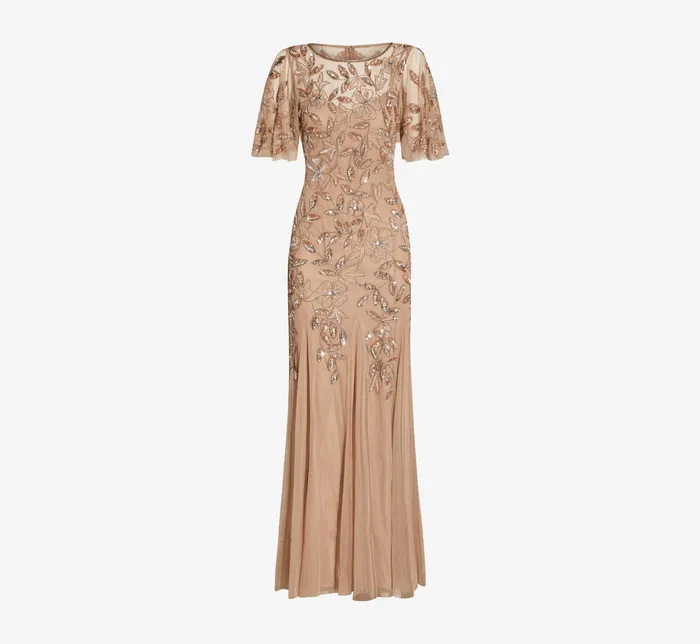 Adrianna Papell Long Floral Beaded Gown With Flutter Sleeves In Rose Gold Rose Gold Women Floral Dresses Adrianna Papell Long Floral Beaded Gown With Flutter Sleeves In Rose Gold Rose Gold Women Floral Dresses