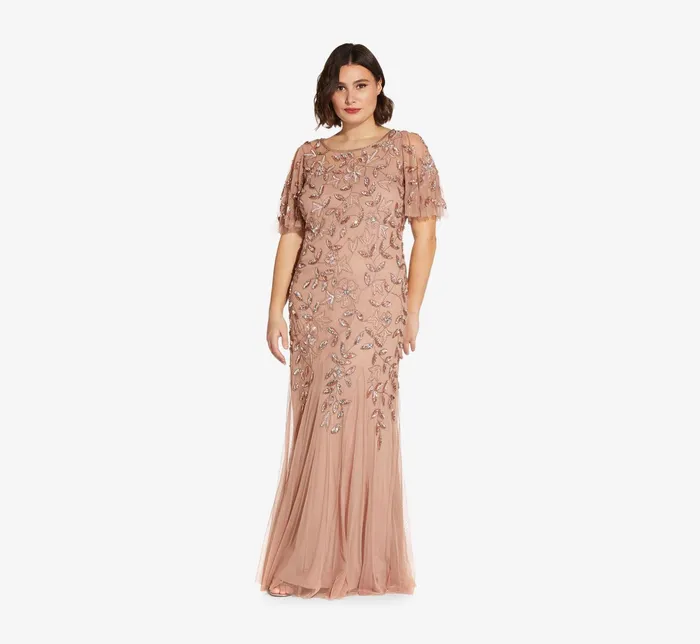 Adrianna Papell Long Floral Beaded Gown With Flutter Sleeves In Rose Gold Rose Gold Women Floral Dresses Adrianna Papell Long Floral Beaded Gown With Flutter Sleeves In Rose Gold Rose Gold Women Floral Dresses