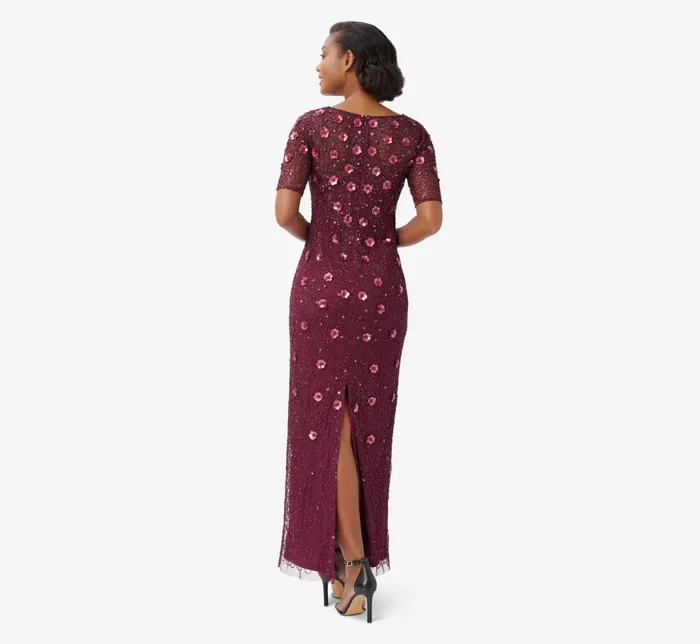Adrianna Papell Long Hand Beaded 3D Floral Dress With Elbow Sleeves In Cassis Cassis Women Long Dresses Adrianna Papell Long Hand Beaded 3D Floral Dress With Elbow Sleeves In Cassis Cassis Women Long Dresses