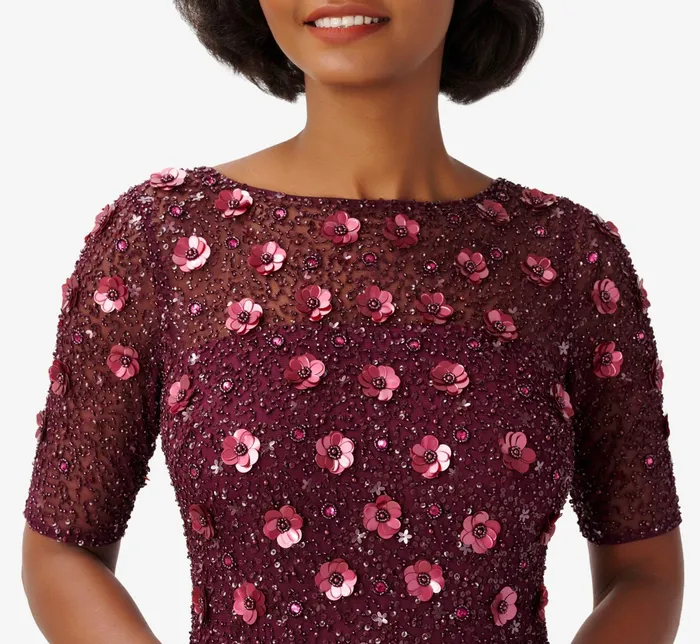 Adrianna Papell Long Hand Beaded 3D Floral Dress With Elbow Sleeves In Cassis Cassis Women Long Dresses Adrianna Papell Long Hand Beaded 3D Floral Dress With Elbow Sleeves In Cassis Cassis Women Long Dresses