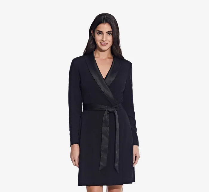 Adrianna Papell Long Sleeve Crepe Dress With Tuxedo Collar In Black Black Women Cocktail Dresses Adrianna Papell Long Sleeve Crepe Dress With Tuxedo Collar In Black Black Women Cocktail Dresses