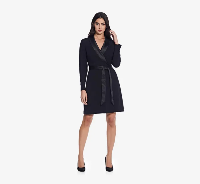 Adrianna Papell Long Sleeve Crepe Dress With Tuxedo Collar In Black Black Women Cocktail Dresses Adrianna Papell Long Sleeve Crepe Dress With Tuxedo Collar In Black Black Women Cocktail Dresses