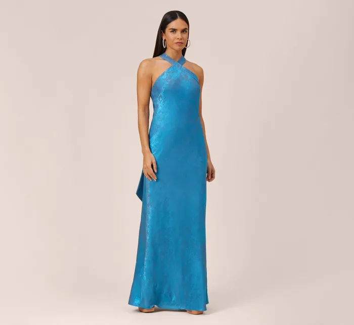 Adrianna Papell Metallic Chiffon Halter Gown In Ocean Dream Ocean Dream Women Long Dresses Adrianna Papell Metallic Chiffon Halter Gown In Ocean Dream Ocean Dream Women Long Dresses
