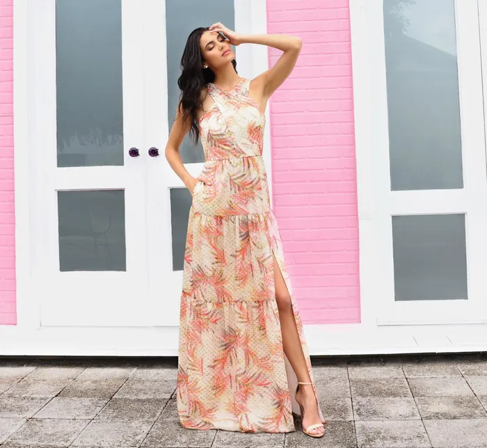 Adrianna Papell Metallic Halter Tiered Maxi Gown In Coral Multi Coral Multi Women Long Dresses Adrianna Papell Metallic Halter Tiered Maxi Gown In Coral Multi Coral Multi Women Long Dresses