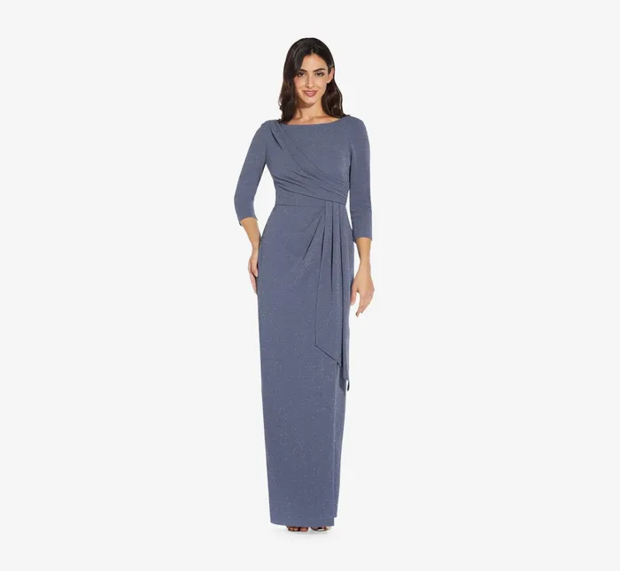 Adrianna Papell Metallic Knit Long Draped Column Gown In Steel Blue Steel Blue Women Long Dresses Adrianna Papell Metallic Knit Long Draped Column Gown In Steel Blue Steel Blue Women Long Dresses