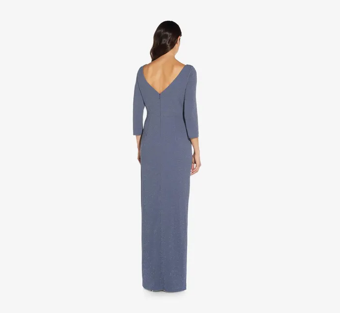 Adrianna Papell Metallic Knit Long Draped Column Gown In Steel Blue Steel Blue Women Long Dresses Adrianna Papell Metallic Knit Long Draped Column Gown In Steel Blue Steel Blue Women Long Dresses
