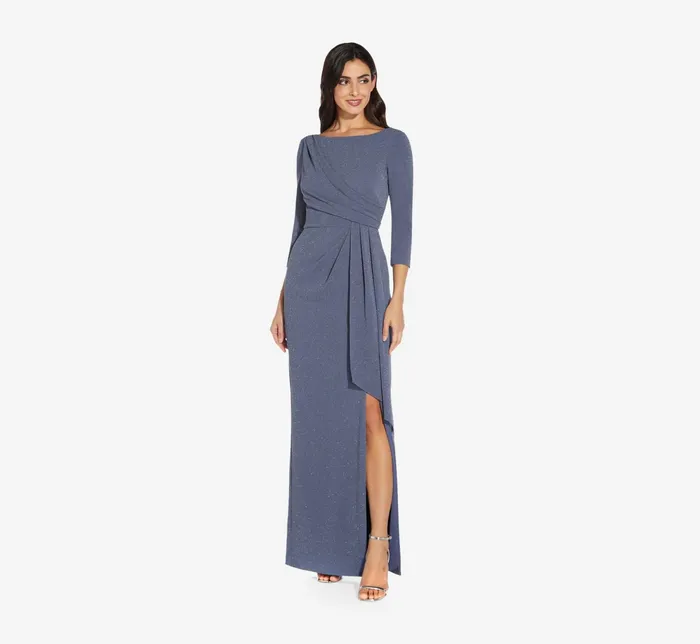 Adrianna Papell Metallic Knit Long Draped Column Gown In Steel Blue Steel Blue Women Long Dresses Adrianna Papell Metallic Knit Long Draped Column Gown In Steel Blue Steel Blue Women Long Dresses