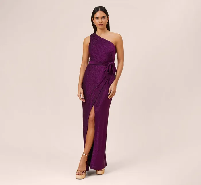 Adrianna Papell Metallic Knit OneShoulder Long Column Gown In Magenta Magenta Women Long Dresses Adrianna Papell Metallic Knit OneShoulder Long Column Gown In Magenta Magenta Women Long Dresses