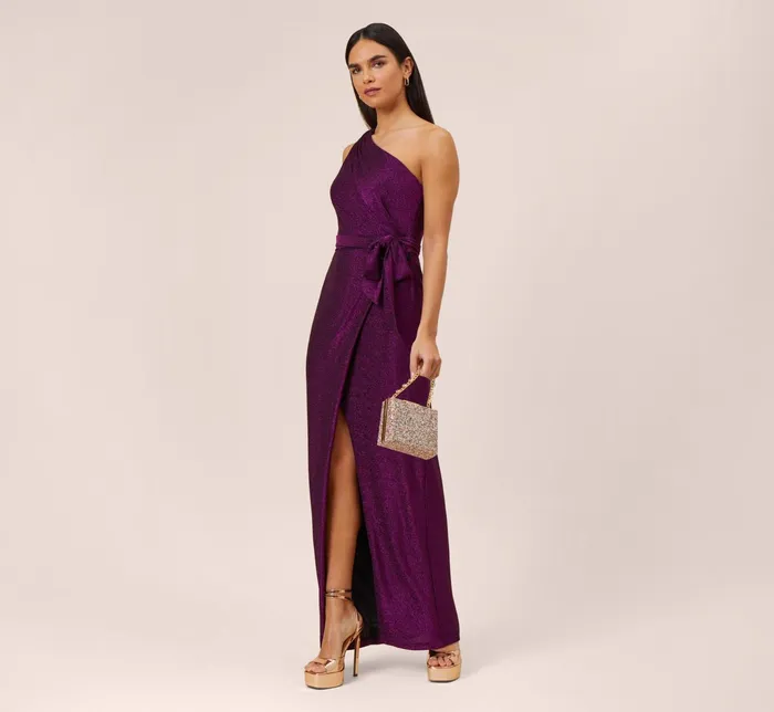 Adrianna Papell Metallic Knit OneShoulder Long Column Gown In Magenta Magenta Women Long Dresses Adrianna Papell Metallic Knit OneShoulder Long Column Gown In Magenta Magenta Women Long Dresses
