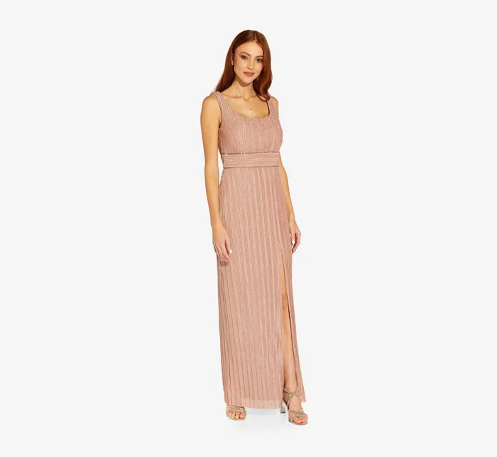 Adrianna Papell Metallic Knit Pleated Long Column Gown In Rose Rose Women Long Dresses Adrianna Papell Metallic Knit Pleated Long Column Gown In Rose Rose Women Long Dresses