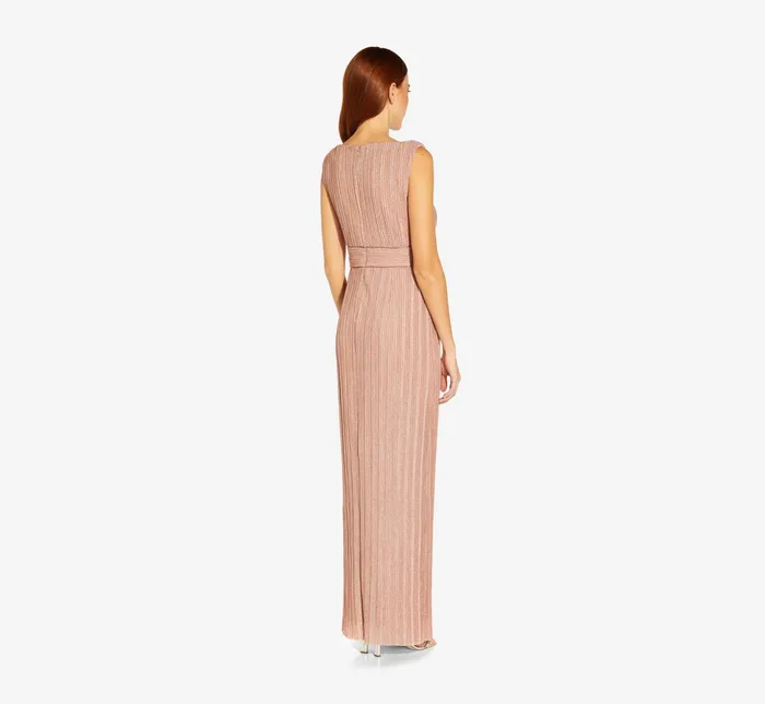Adrianna Papell Metallic Knit Pleated Long Column Gown In Rose Rose Women Long Dresses Adrianna Papell Metallic Knit Pleated Long Column Gown In Rose Rose Women Long Dresses