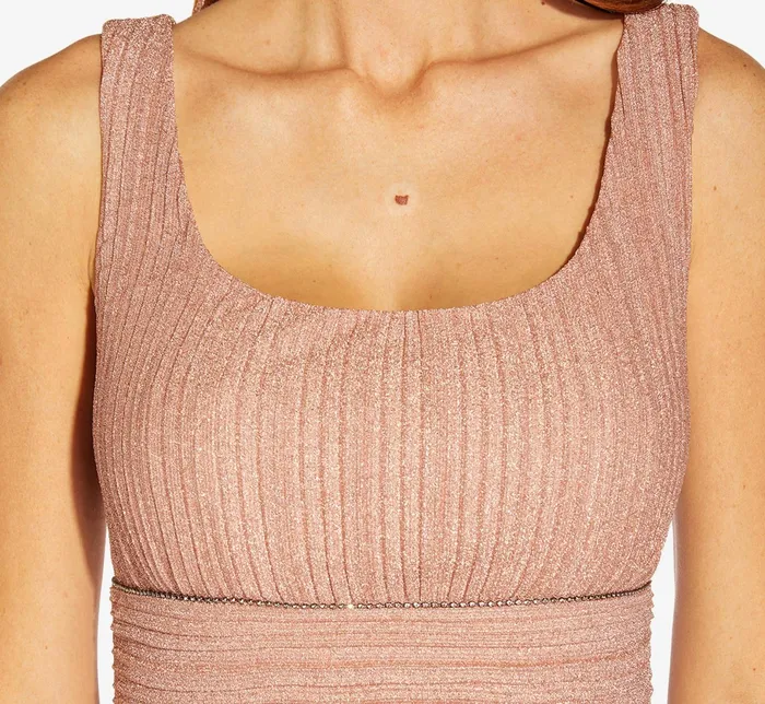 Adrianna Papell Metallic Knit Pleated Long Column Gown In Rose Rose Women Long Dresses Adrianna Papell Metallic Knit Pleated Long Column Gown In Rose Rose Women Long Dresses