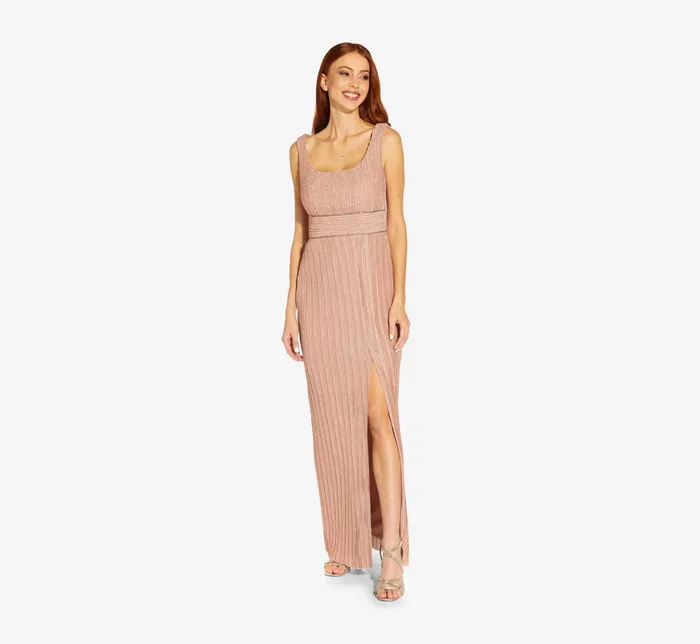 Adrianna Papell Metallic Knit Pleated Long Column Gown In Rose Rose Women Long Dresses Adrianna Papell Metallic Knit Pleated Long Column Gown In Rose Rose Women Long Dresses