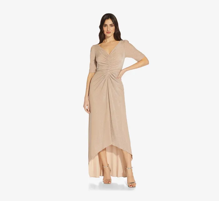 Adrianna Papell Metallic Knit Ruched Long HighLow Gown In Champagne Champagne Women Long Dresses Adrianna Papell Metallic Knit Ruched Long HighLow Gown In Champagne Champagne Women Long Dresses
