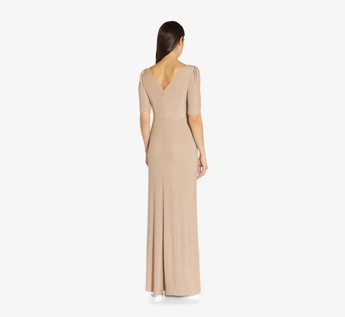 Adrianna Papell Metallic Knit Ruched Long HighLow Gown In Champagne Champagne Women Long Dresses Adrianna Papell Metallic Knit Ruched Long HighLow Gown In Champagne Champagne Women Long Dresses