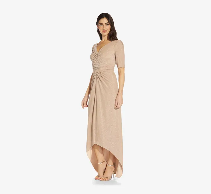 Adrianna Papell Metallic Knit Ruched Long HighLow Gown In Champagne Champagne Women Long Dresses Adrianna Papell Metallic Knit Ruched Long HighLow Gown In Champagne Champagne Women Long Dresses