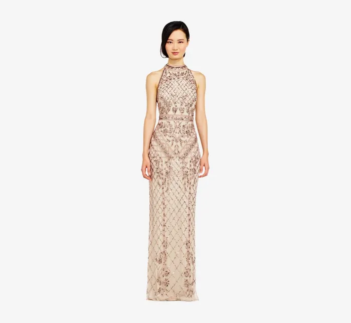 Adrianna Papell Mock Neck Beaded Column Dress With TBack In Biscotti Biscotti Women Long Dresses Adrianna Papell Mock Neck Beaded Column Dress With TBack In Biscotti Biscotti Women Long Dresses