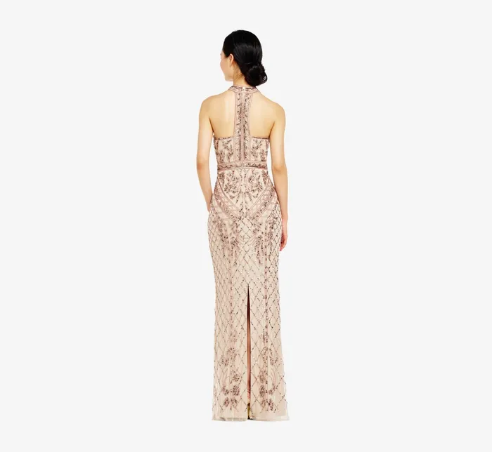 Adrianna Papell Mock Neck Beaded Column Dress With TBack In Biscotti Biscotti Women Long Dresses Adrianna Papell Mock Neck Beaded Column Dress With TBack In Biscotti Biscotti Women Long Dresses