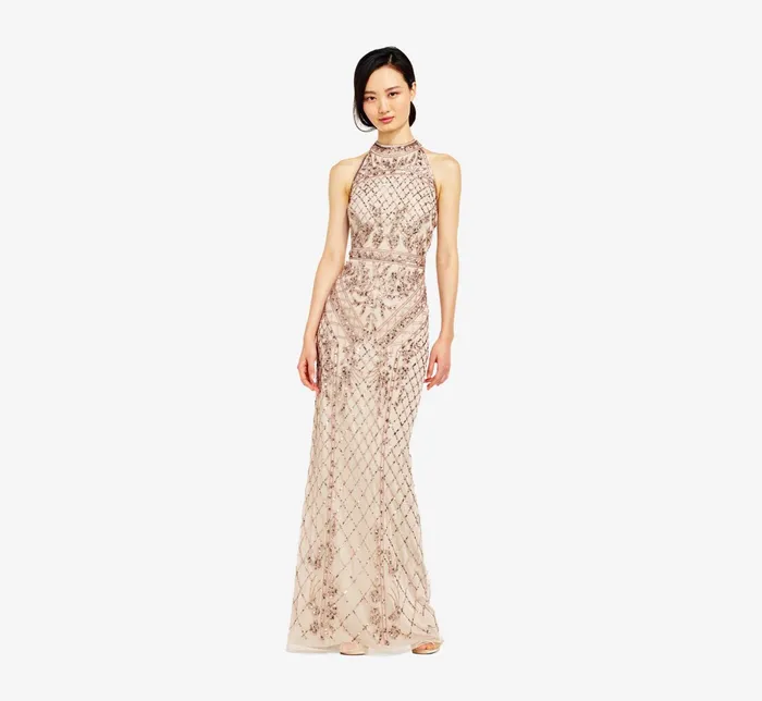 Adrianna Papell Mock Neck Beaded Column Dress With TBack In Biscotti Biscotti Women Long Dresses Adrianna Papell Mock Neck Beaded Column Dress With TBack In Biscotti Biscotti Women Long Dresses