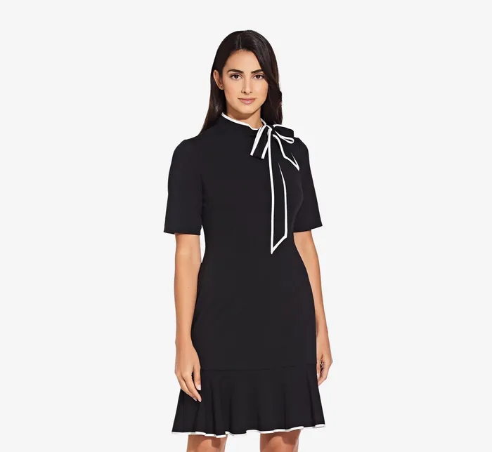 Adrianna Papell Mock Neck Dress With Contrasting Bowtie In Black Ivory BlackIvory Women Day Dresses Adrianna Papell Mock Neck Dress With Contrasting Bowtie In Black Ivory BlackIvory Women Day Dresses