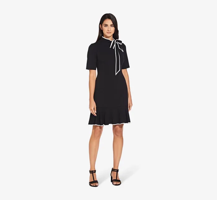Adrianna Papell Mock Neck Dress With Contrasting Bowtie In Black Ivory BlackIvory Women Day Dresses Adrianna Papell Mock Neck Dress With Contrasting Bowtie In Black Ivory BlackIvory Women Day Dresses