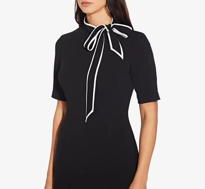 Adrianna Papell Mock Neck Dress With Contrasting Bowtie In Black Ivory BlackIvory Women Day Dresses Adrianna Papell Mock Neck Dress With Contrasting Bowtie In Black Ivory BlackIvory Women Day Dresses