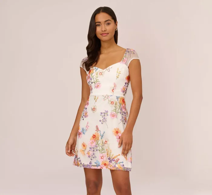 Adrianna Papell Multicolor Floral Embroidered Dress With Sheer Cap Sleeves In Ivory Multi Ivory Multi Women Short Dresses Adrianna Papell Multicolor Floral Embroidered Dress With Sheer Cap Sleeves In Ivory Multi Ivory Multi Women Short Dresses