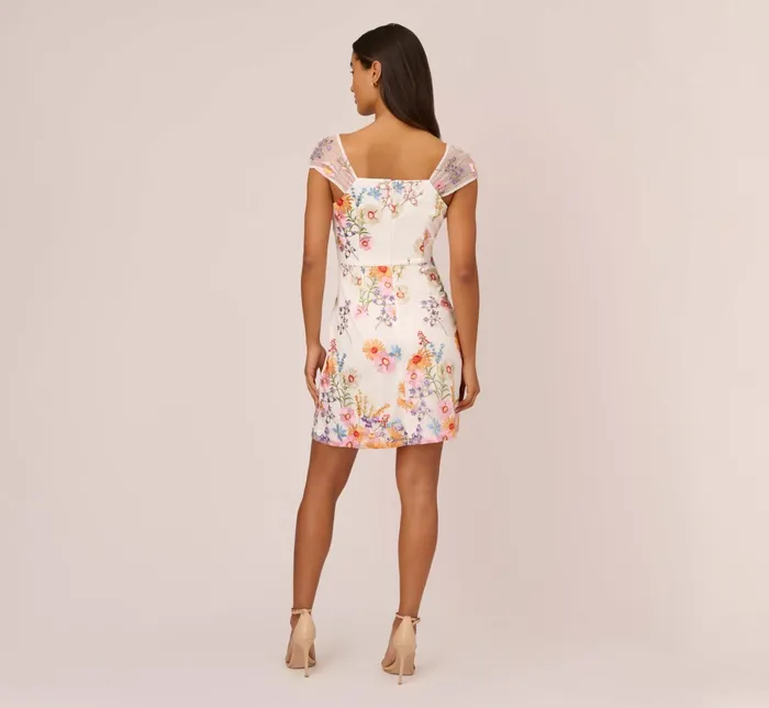 Adrianna Papell Multicolor Floral Embroidered Dress With Sheer Cap Sleeves In Ivory Multi Ivory Multi Women Short Dresses Adrianna Papell Multicolor Floral Embroidered Dress With Sheer Cap Sleeves In Ivory Multi Ivory Multi Women Short Dresses