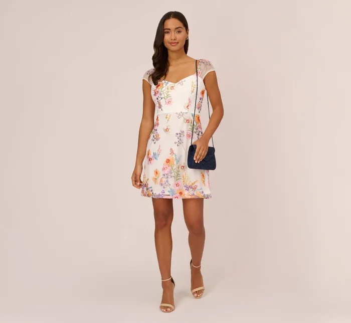 Adrianna Papell Multicolor Floral Embroidered Dress With Sheer Cap Sleeves In Ivory Multi Ivory Multi Women Short Dresses Adrianna Papell Multicolor Floral Embroidered Dress With Sheer Cap Sleeves In Ivory Multi Ivory Multi Women Short Dresses