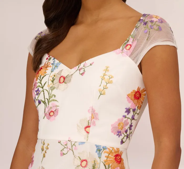 Adrianna Papell Multicolor Floral Embroidered Dress With Sheer Cap Sleeves In Ivory Multi Ivory Multi Women Short Dresses Adrianna Papell Multicolor Floral Embroidered Dress With Sheer Cap Sleeves In Ivory Multi Ivory Multi Women Short Dresses