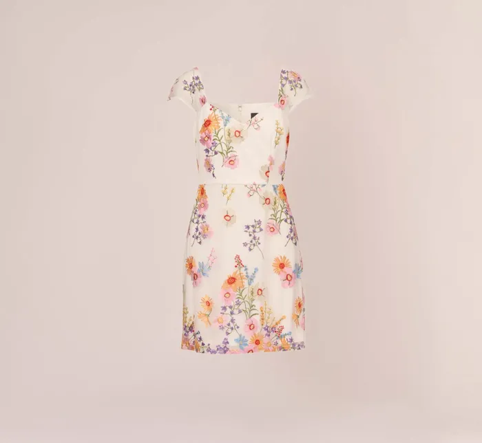 Adrianna Papell Multicolor Floral Embroidered Dress With Sheer Cap Sleeves In Ivory Multi Ivory Multi Women Short Dresses Adrianna Papell Multicolor Floral Embroidered Dress With Sheer Cap Sleeves In Ivory Multi Ivory Multi Women Short Dresses