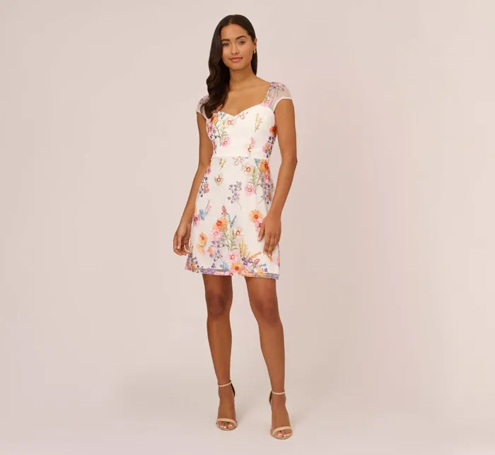 Adrianna Papell Multicolor Floral Embroidered Dress With Sheer Cap Sleeves In Ivory Multi Ivory Multi Women Short Dresses Adrianna Papell Multicolor Floral Embroidered Dress With Sheer Cap Sleeves In Ivory Multi Ivory Multi Women Short Dresses