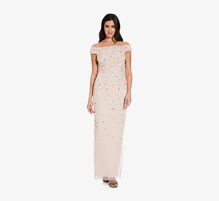 Adrianna Papell Off Shoulder Dress With Floral Embellishment In Shell Shell Women Floral Dresses Adrianna Papell Off Shoulder Dress With Floral Embellishment In Shell Shell Women Floral Dresses