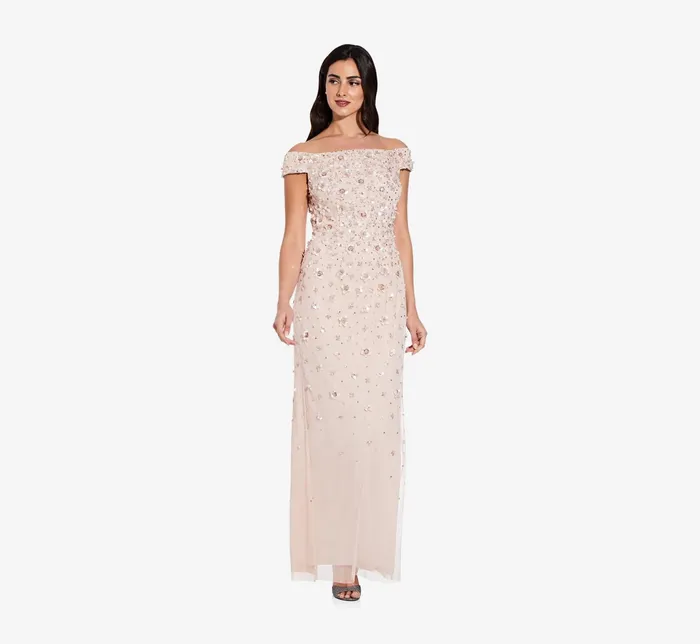 Adrianna Papell Off Shoulder Dress With Floral Embellishment In Shell Shell Women Floral Dresses Adrianna Papell Off Shoulder Dress With Floral Embellishment In Shell Shell Women Floral Dresses