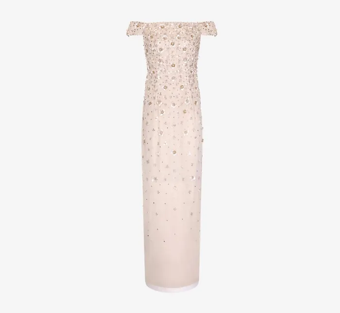 Adrianna Papell Off Shoulder Dress With Floral Embellishment In Shell Shell Women Floral Dresses Adrianna Papell Off Shoulder Dress With Floral Embellishment In Shell Shell Women Floral Dresses