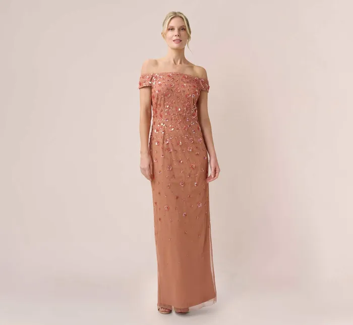 Adrianna Papell Off Shoulder Dress With Floral Embellishment In Shell Shell Women Floral Dresses Adrianna Papell Off Shoulder Dress With Floral Embellishment In Shell Shell Women Floral Dresses