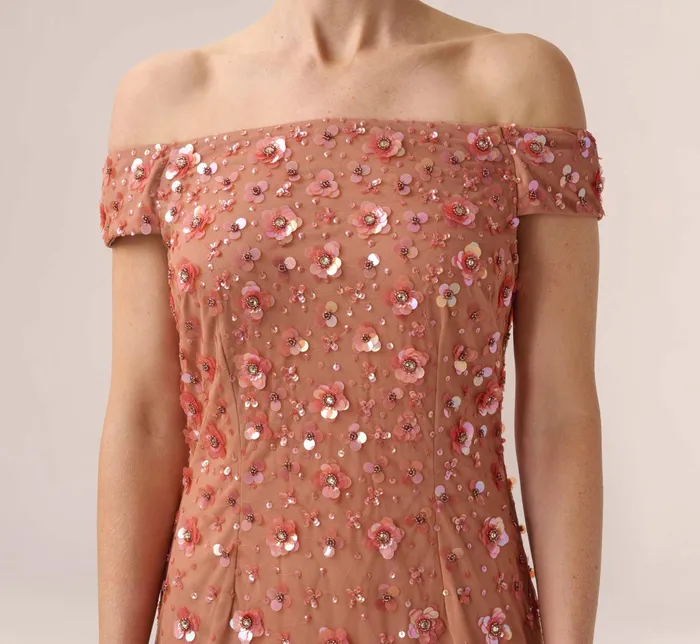 Adrianna Papell Off Shoulder Dress With Floral Embellishment In Shell Shell Women Floral Dresses Adrianna Papell Off Shoulder Dress With Floral Embellishment In Shell Shell Women Floral Dresses