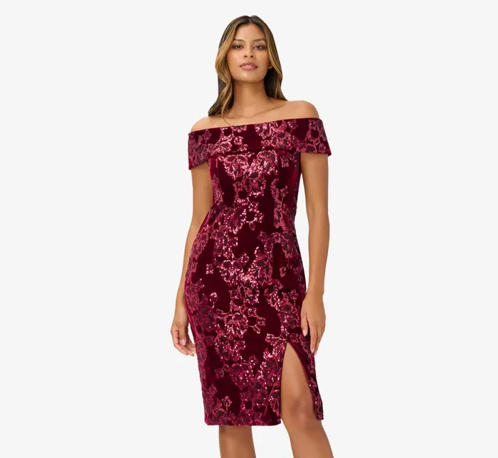 Adrianna Papell OffShoulder Sequin Velvet Sheath Dress In Garnet Garnet Women Cocktail Dresses Adrianna Papell OffShoulder Sequin Velvet Sheath Dress In Garnet Garnet Women Cocktail Dresses