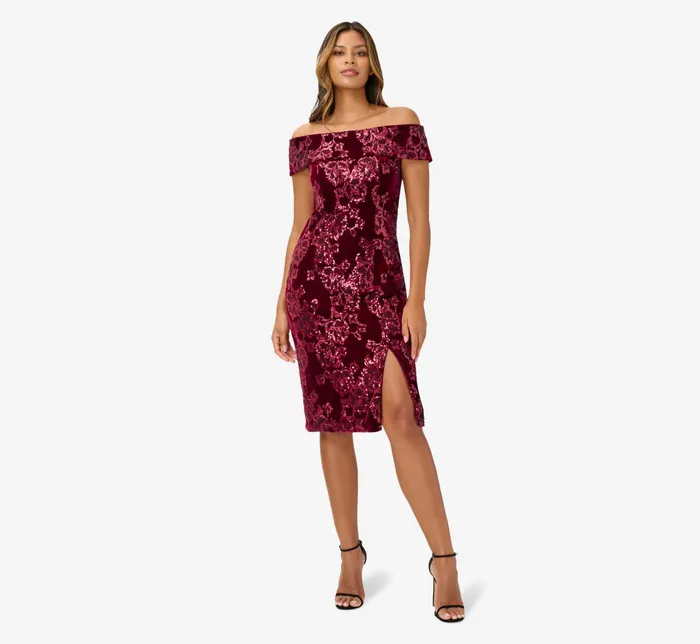 Adrianna Papell OffShoulder Sequin Velvet Sheath Dress In Garnet Garnet Women Cocktail Dresses Adrianna Papell OffShoulder Sequin Velvet Sheath Dress In Garnet Garnet Women Cocktail Dresses