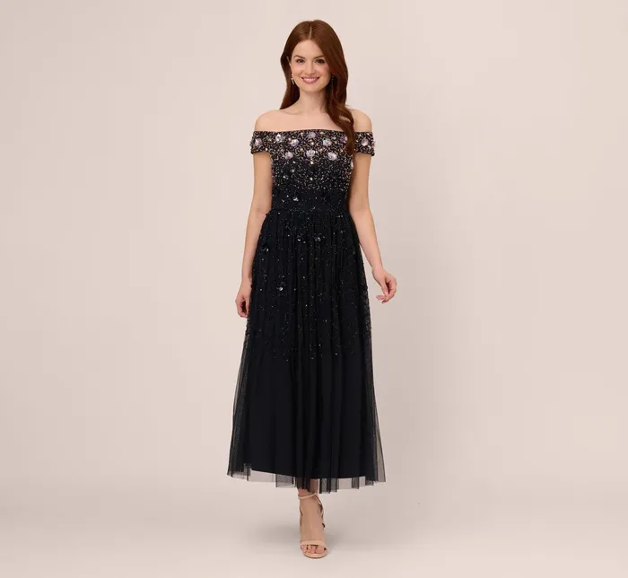 Adrianna Papell Off The Shoulder AnkleLength Beaded Dress With Sequin Rosettes In Navy Rosegold NavyRosegold Women Long Dresses Adrianna Papell Off The Shoulder AnkleLength Beaded Dress With Sequin Rosettes In Navy Rosegold NavyRosegold Women Long Dresses