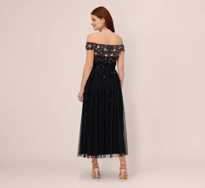 Adrianna Papell Off The Shoulder AnkleLength Beaded Dress With Sequin Rosettes In Navy Rosegold NavyRosegold Women Long Dresses Adrianna Papell Off The Shoulder AnkleLength Beaded Dress With Sequin Rosettes In Navy Rosegold NavyRosegold Women Long Dresses